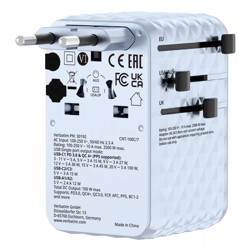 Verbatim Charge 'n' Travel 100W Universalus kelioninis adapteris su įtraukiamu kabeliu, mėlynas