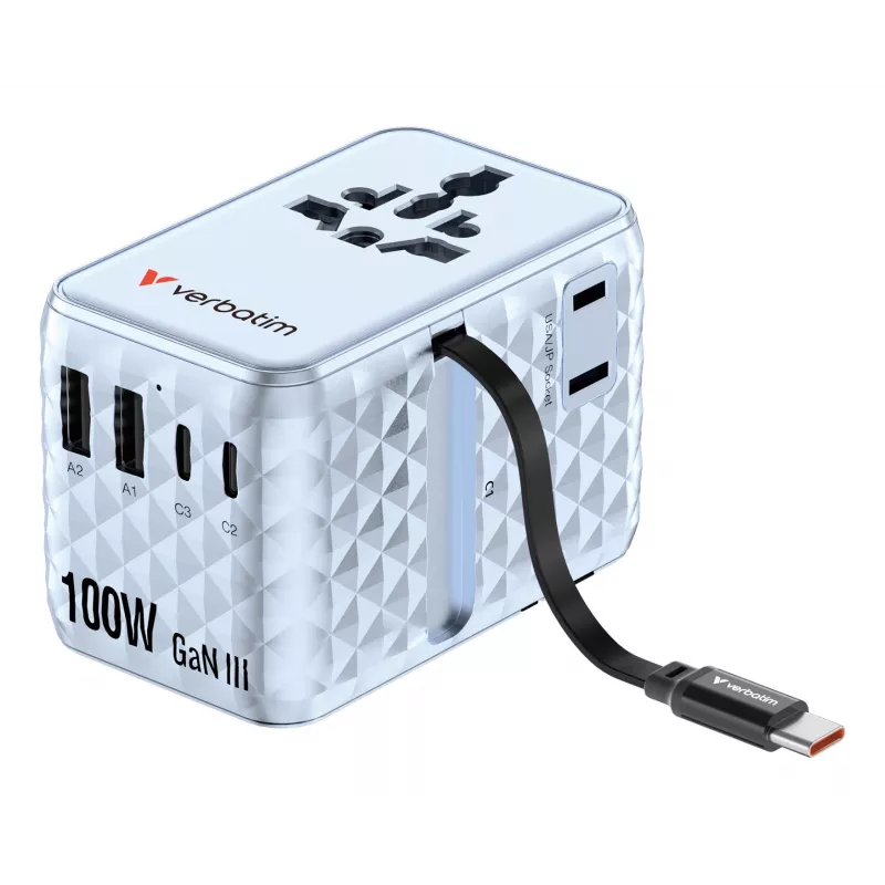 Verbatim Charge 'n' Travel 100W Universalus kelioninis adapteris su įtraukiamu kabeliu, mėlynas