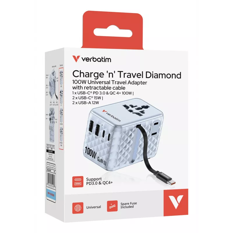 Verbatim Charge 'n' Travel 100W Universalus kelioninis adapteris su įtraukiamu kabeliu, mėlynas