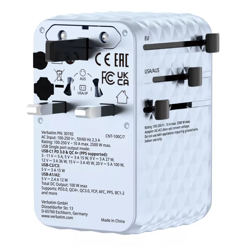 Verbatim Charge 'n' Travel 100W Universalus kelioninis adapteris su įtraukiamu kabeliu, mėlynas
