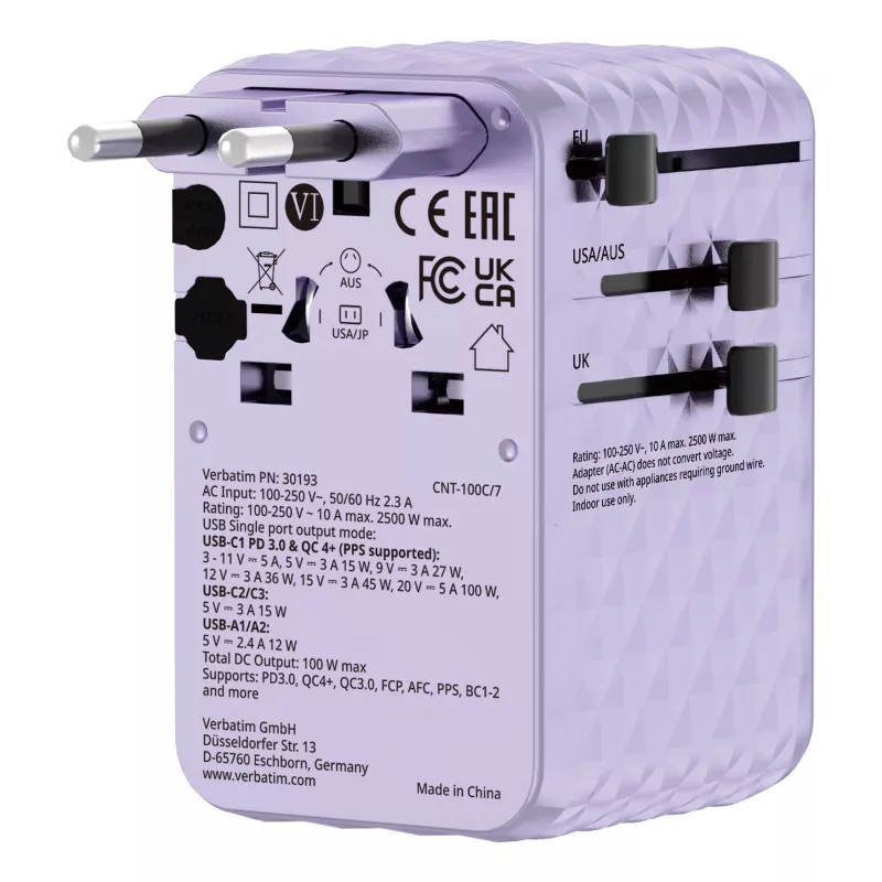 Verbatim Charge 'n' Travel 100W Universalus kelioninis adapteris su įtraukiamu kabeliu, violetinis