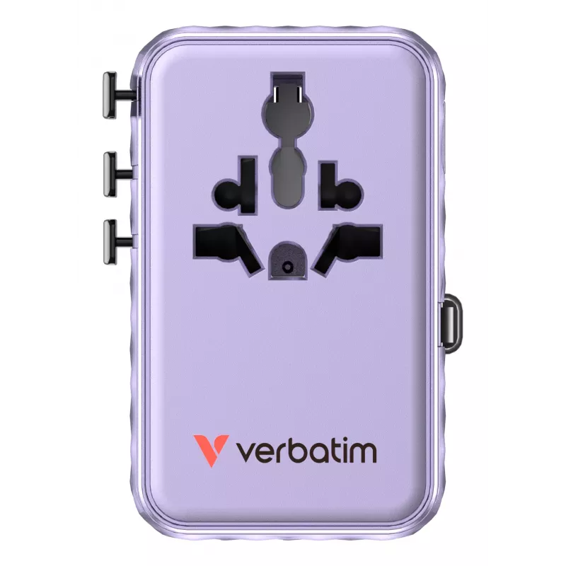 Verbatim Charge 'n' Travel 100W Universalus kelioninis adapteris su įtraukiamu kabeliu, violetinis