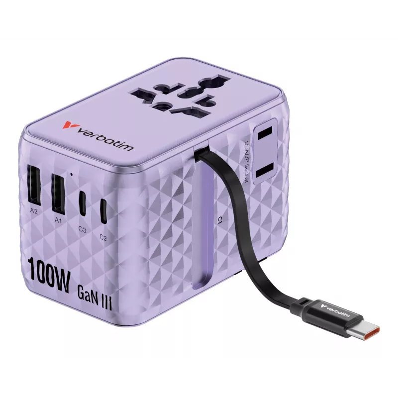 Verbatim Charge 'n' Travel 100W Universalus kelioninis adapteris su įtraukiamu kabeliu, violetinis