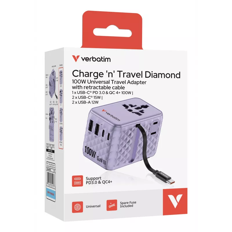 Verbatim Charge 'n' Travel 100W Universalus kelioninis adapteris su įtraukiamu kabeliu, violetinis