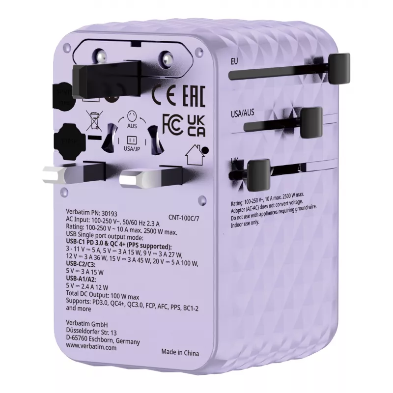 Verbatim Charge 'n' Travel 100W Universalus kelioninis adapteris su įtraukiamu kabeliu, violetinis