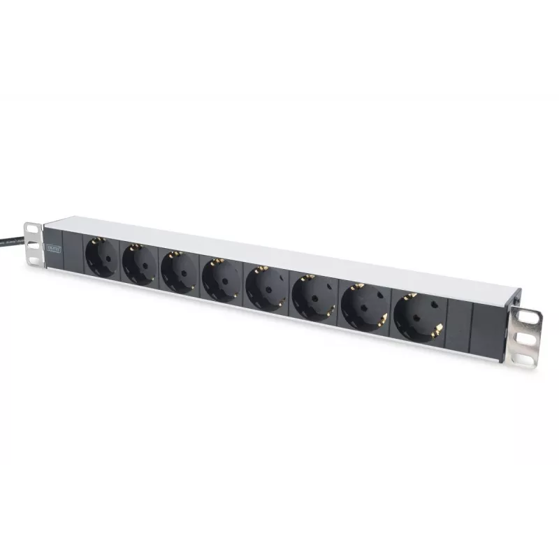 DIGITUS 1U Aliuminis PDU, rackmountable rated power: 16A, 4000W, 250VAC 50/60Hz, 8x safety outlets