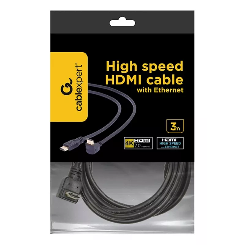 GEMBIRD didelės spartos HDMI laidas su eternetu, 90 laipsnių į viršų lenkta jungtimi, 3 m