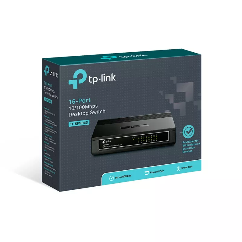 TP-Link 16 prievadų 10/100Mbps darbalaukio jungiklis, nevaldomas, Fast Ethernet (10/100), pilnas dupleksas, montavimas į stelažą, montavimas ant sienos