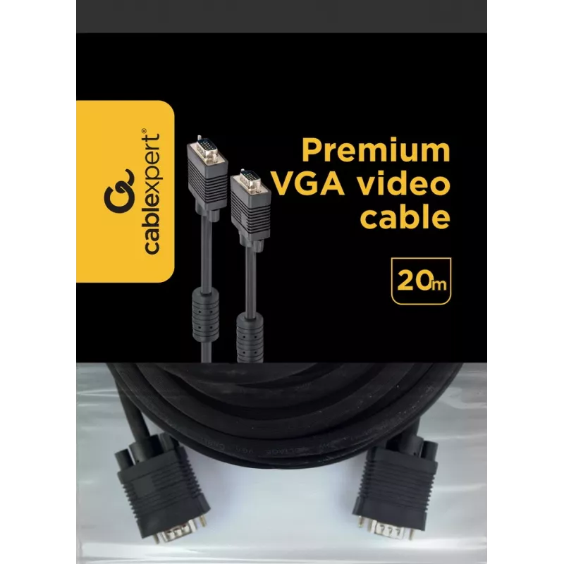 GEMBIRD kabelis Premium VGA - HD15M/HD15M - Dvigubai ekranuotas su 2 ferito žiedais 20m - Juodas