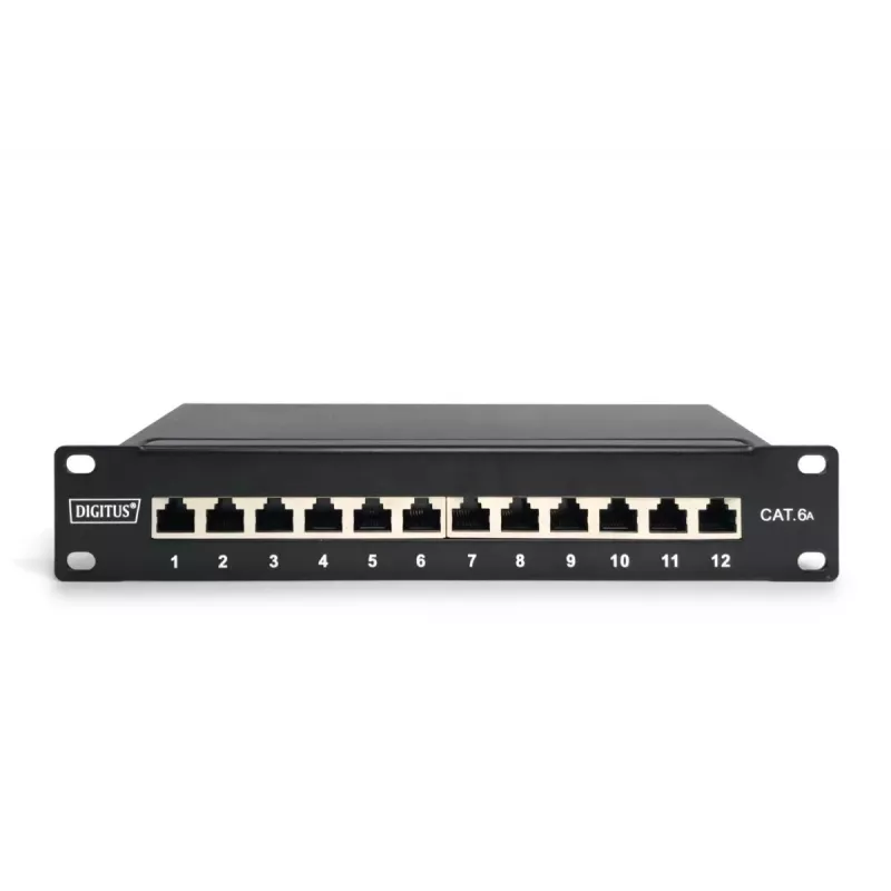 DIGITUS CAT6A pataisymo skydelis, ekranuotas, 12 prievadų žymėjimo laukas, 1U, 10 colių montavimas į stovą, juodas RAL 9005