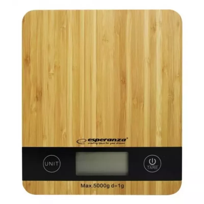 Elektroninė virtuvės svarstyklė ESPERANZA EKS005 — 5 kg talpa, 1 g tikslumas, bambukinė platforma