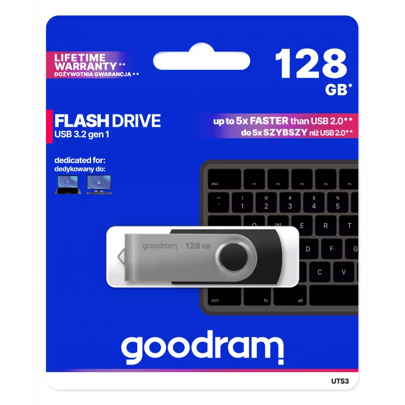 USB atmintukas GOODRAM UTS3 128 GB USB Type-A 3.2 Gen 1, juoda, 60 MB/s skaitymas, 20 MB/s rašymas