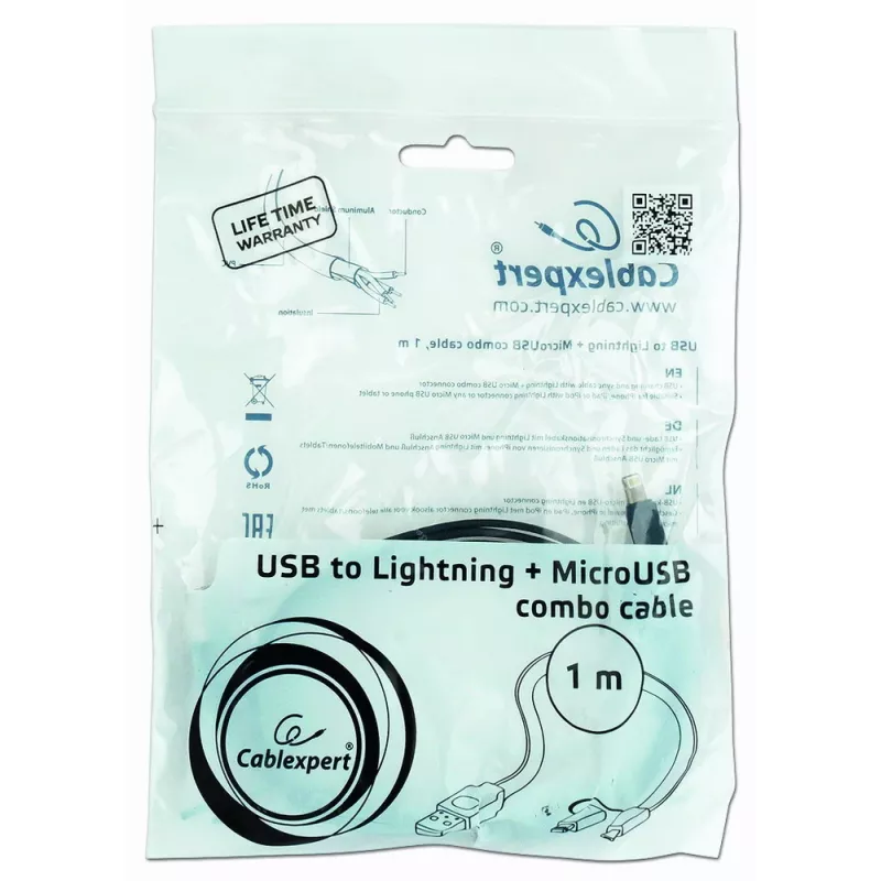 GEMBIRD USB į Apple Lightning ir Micro USB įkrovimo kombinuotas kabelis 1m - juodas