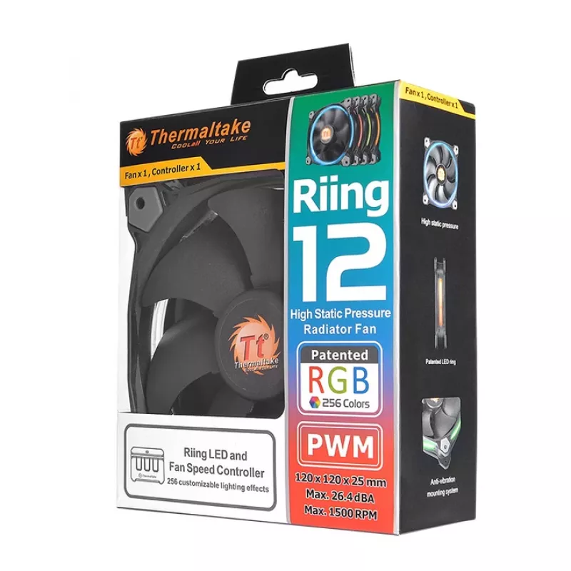 THERMALTAKE Riing 12 LED RGB 256 spalvų aukšto statinio slėgio LED radiatoriaus ventiliatorius (3 ventiliatorių rinkinys)