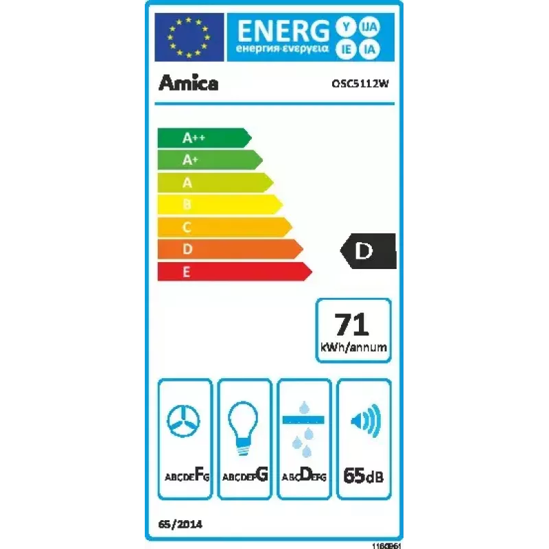 Amica OSC5112W virtuvės gartraukis, aliuminio filtras, 65 dB