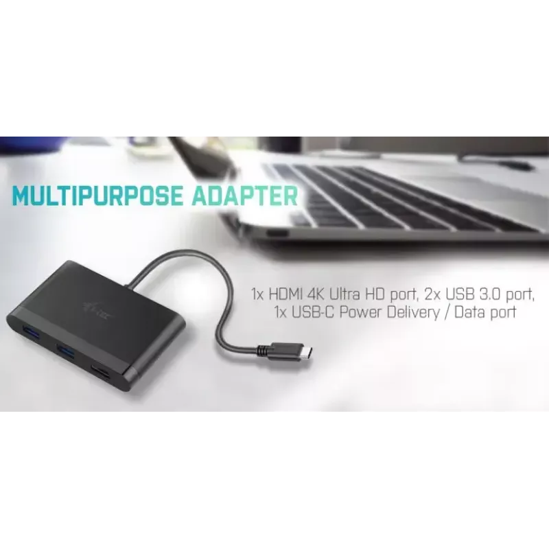 USB-C į HDMI kelioninis adapteris ITEC i-tec USB C HDMI kelioninis adapteris PD/Duomenys – juodas, mikroschemų rinkinys RTS5403/RTS5404/RTS5411/PS176, 90×58×14 mm