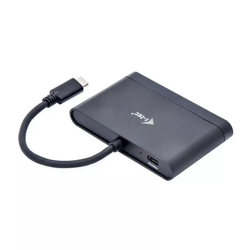 USB-C į HDMI kelioninis adapteris ITEC i-tec USB C HDMI kelioninis adapteris PD/Duomenys – juodas, mikroschemų rinkinys RTS5403/RTS5404/RTS5411/PS176, 90×58×14 mm