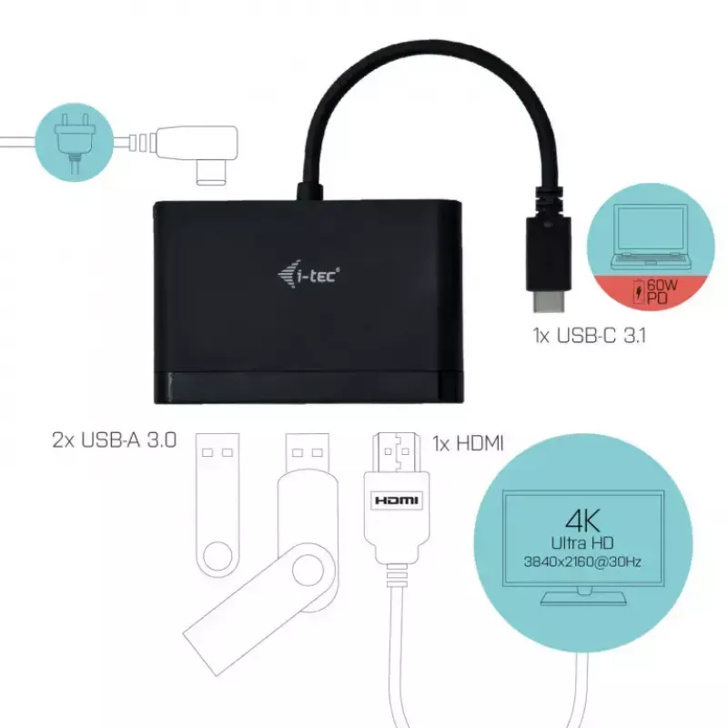 USB-C į HDMI kelioninis adapteris ITEC i-tec USB C HDMI kelioninis adapteris PD/Duomenys – juodas, mikroschemų rinkinys RTS5403/RTS5404/RTS5411/PS176, 90×58×14 mm