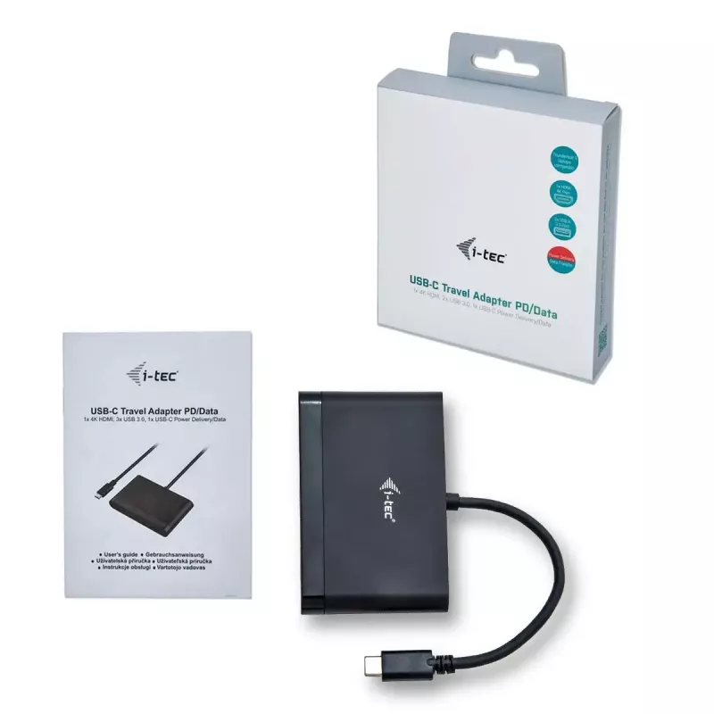 USB-C į HDMI kelioninis adapteris ITEC i-tec USB C HDMI kelioninis adapteris PD/Duomenys – juodas, mikroschemų rinkinys RTS5403/RTS5404/RTS5411/PS176, 90×58×14 mm