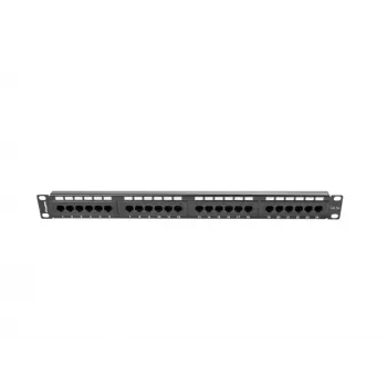 Pleistuvų skydas 1U LANBERG PPU5-1024-B — 24 prievadų CAT5e, metalinis, juodas, 445×32,5×44,5 mm