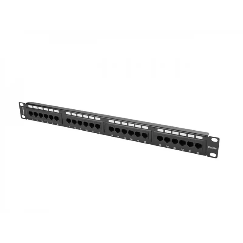 Pleistuvų skydas 1U LANBERG PPU5-1024-B — 24 prievadų CAT5e, metalinis, juodas, 445×32,5×44,5 mm