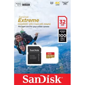 WESTERN DIGITAL SanDisk micro SDXC Extreme 32GB (A1/ V30/ U3/ UHS-I/ Cl.10/ R100/ W60) + adapteris veiksmo kamerai