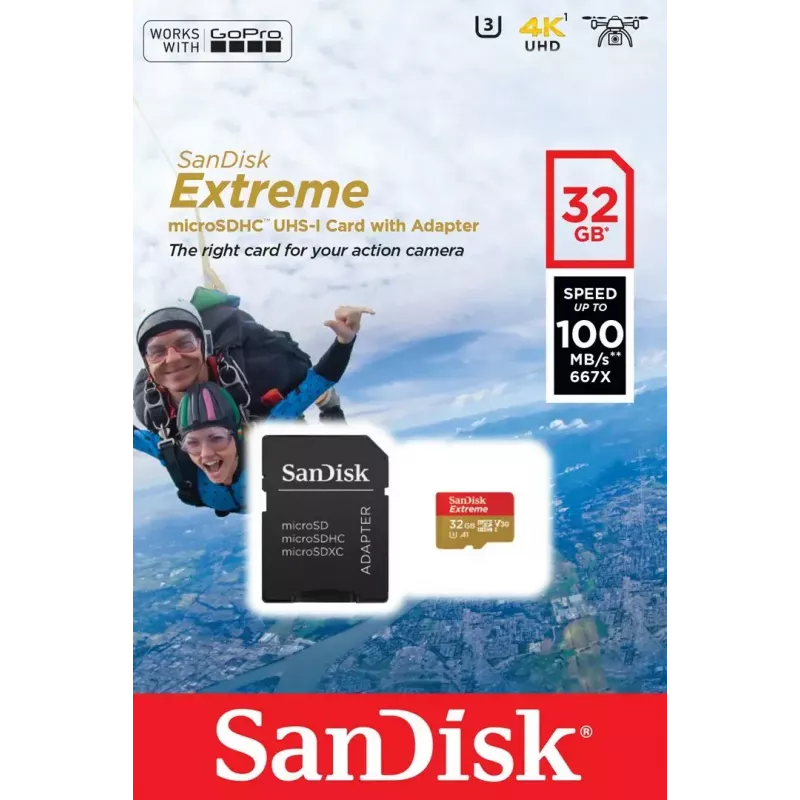 WESTERN DIGITAL SanDisk micro SDXC Extreme 32GB (A1/ V30/ U3/ UHS-I/ Cl.10/ R100/ W60) + adapteris veiksmo kamerai