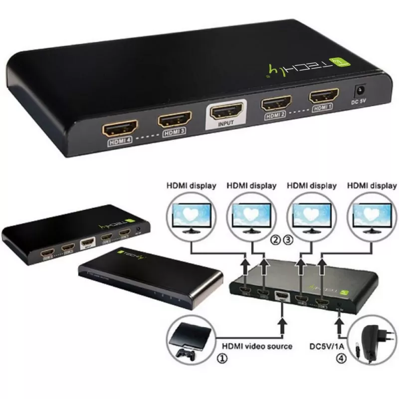 Techly HDMI skirstytuvas 4 krypčių 4K*2K IDATA HDMI-4K4, HDMI, 4x HDMI, 1x HDMI F, 4096 x 2160 pikselių, juoda, 36 bitų