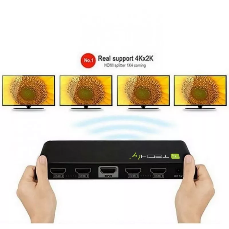 Techly HDMI skirstytuvas 4 krypčių 4K*2K IDATA HDMI-4K4, HDMI, 4x HDMI, 1x HDMI F, 4096 x 2160 pikselių, juoda, 36 bitų