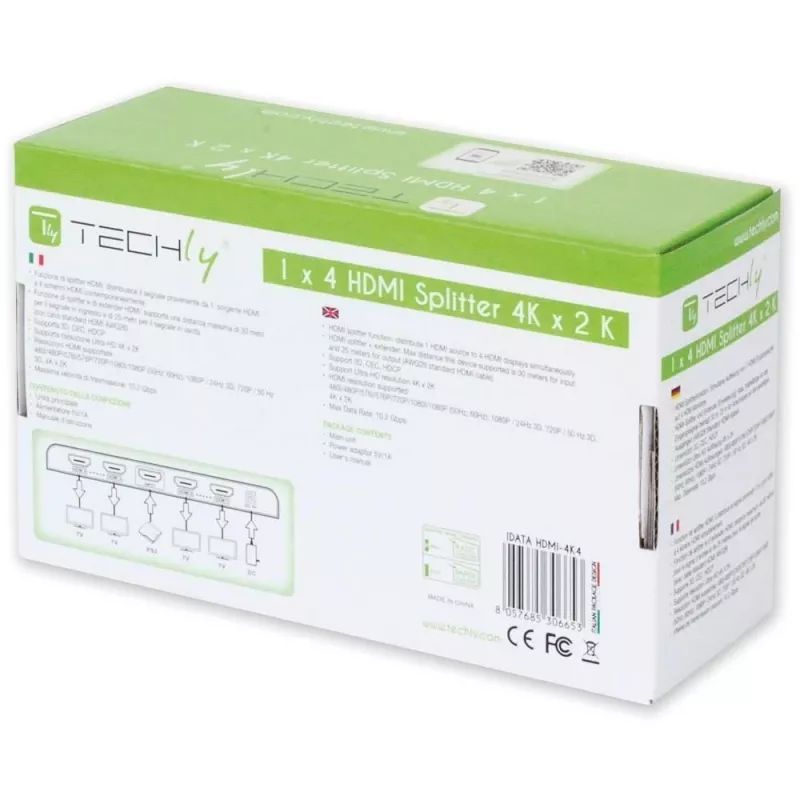 Techly HDMI skirstytuvas 4 krypčių 4K*2K IDATA HDMI-4K4, HDMI, 4x HDMI, 1x HDMI F, 4096 x 2160 pikselių, juoda, 36 bitų