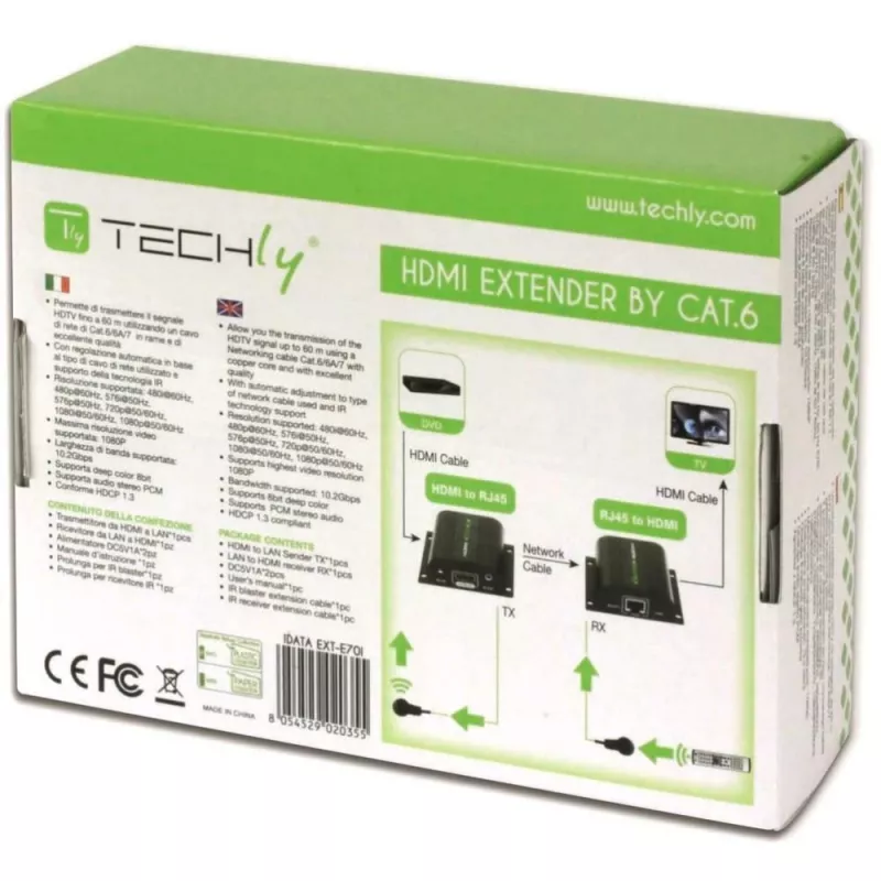 Techly HDMI ilgintuvas Full HD kabeliu Cat.5E / 6 / 6A / 7 iki 60m automatiškai reguliuojamas IDATA EXT-E70I