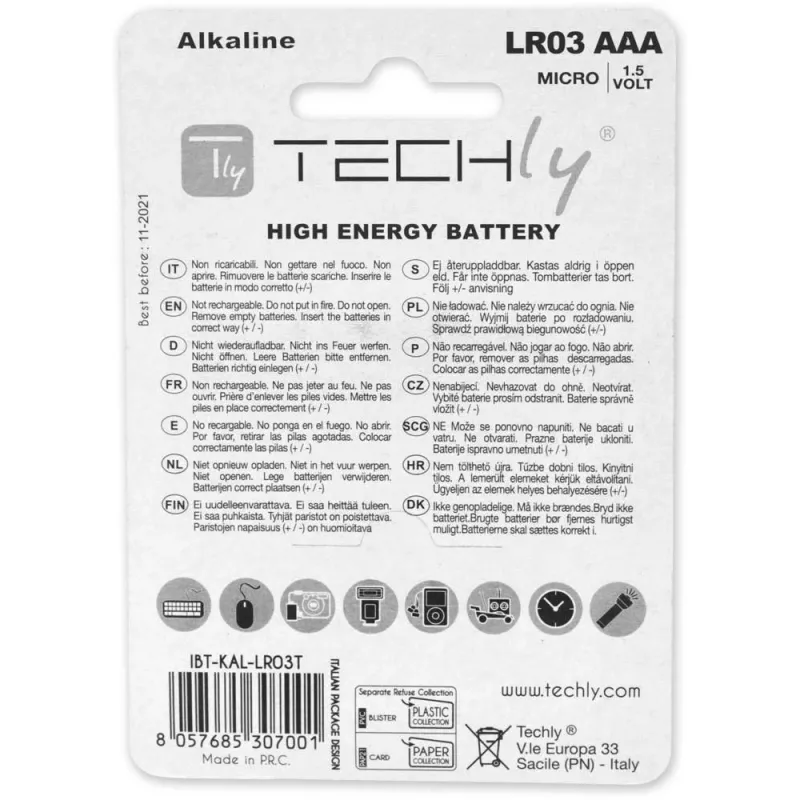 Techly Blister 4 Batteries High Power Mini Stilo AAA Alkaline LR03 1.5V IBT-KAL-LR03T