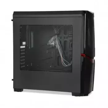 PC korpusas IBOX ORCUS X14 Midi Tower Juoda — ITX/ATX, šoninis langas, raudonas apšvietimas, 3×3,5 col. lizdai, 2×2,5 col. lizdai, 1×5,25 col., USB 3.2 Gen1 Type-A