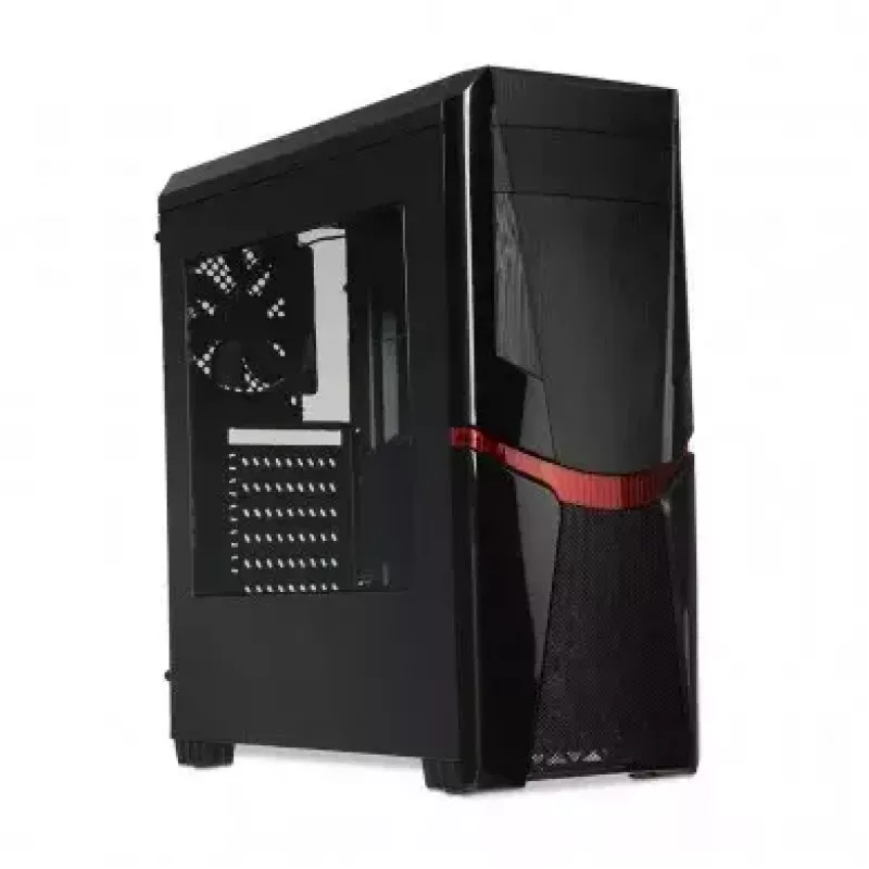 PC korpusas IBOX ORCUS X14 Midi Tower Juoda — ITX/ATX, šoninis langas, raudonas apšvietimas, 3×3,5 col. lizdai, 2×2,5 col. lizdai, 1×5,25 col., USB 3.2 Gen1 Type-A