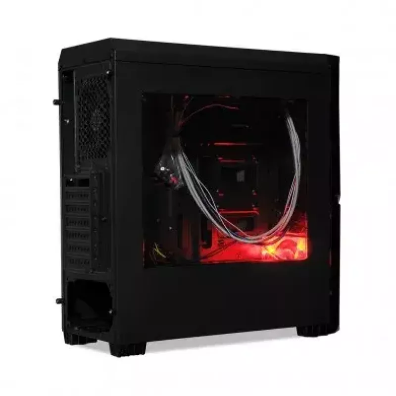 PC korpusas IBOX ORCUS X14 Midi Tower Juoda — ITX/ATX, šoninis langas, raudonas apšvietimas, 3×3,5 col. lizdai, 2×2,5 col. lizdai, 1×5,25 col., USB 3.2 Gen1 Type-A