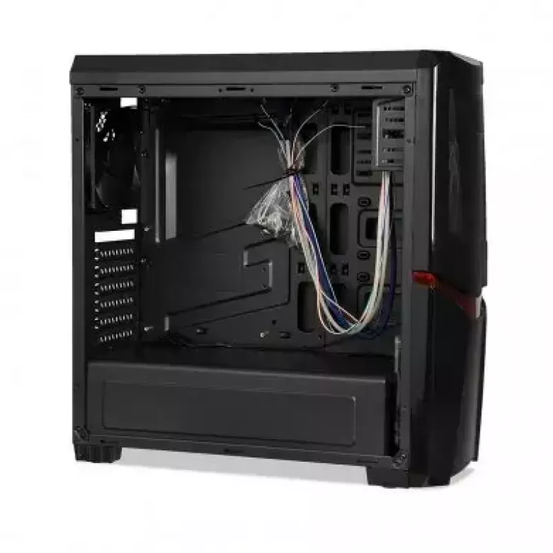 PC korpusas IBOX ORCUS X14 Midi Tower Juoda — ITX/ATX, šoninis langas, raudonas apšvietimas, 3×3,5 col. lizdai, 2×2,5 col. lizdai, 1×5,25 col., USB 3.2 Gen1 Type-A