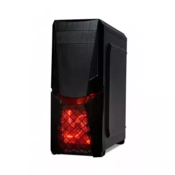 PC korpusas IBOX ORCUS X14 Midi Tower Juoda — ITX/ATX, šoninis langas, raudonas apšvietimas, 3×3,5 col. lizdai, 2×2,5 col. lizdai, 1×5,25 col., USB 3.2 Gen1 Type-A