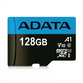 ADATA MicroSDXC 128 GB UHS-I Class 10 atminties kortelė — 85 MB/s skaitymas, 25 MB/s rašymas, atspari vandeniui, su SD adapteriu