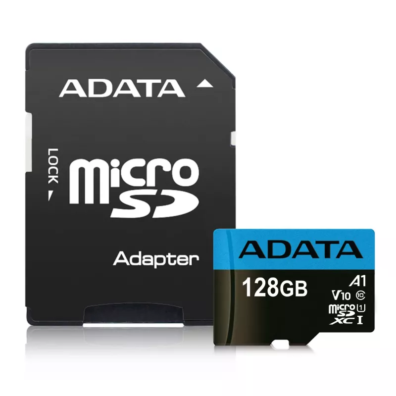 ADATA MicroSDXC 128 GB UHS-I Class 10 atminties kortelė — 85 MB/s skaitymas, 25 MB/s rašymas, atspari vandeniui, su SD adapteriu