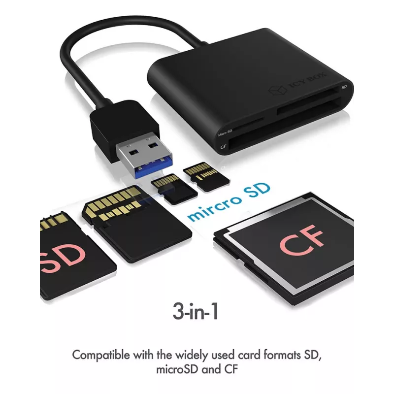 ICY BOX IB-CR301-U3 kortelių skaitytuvas USB 3.2 Gen 1 (3.1 Gen 1) Juoda