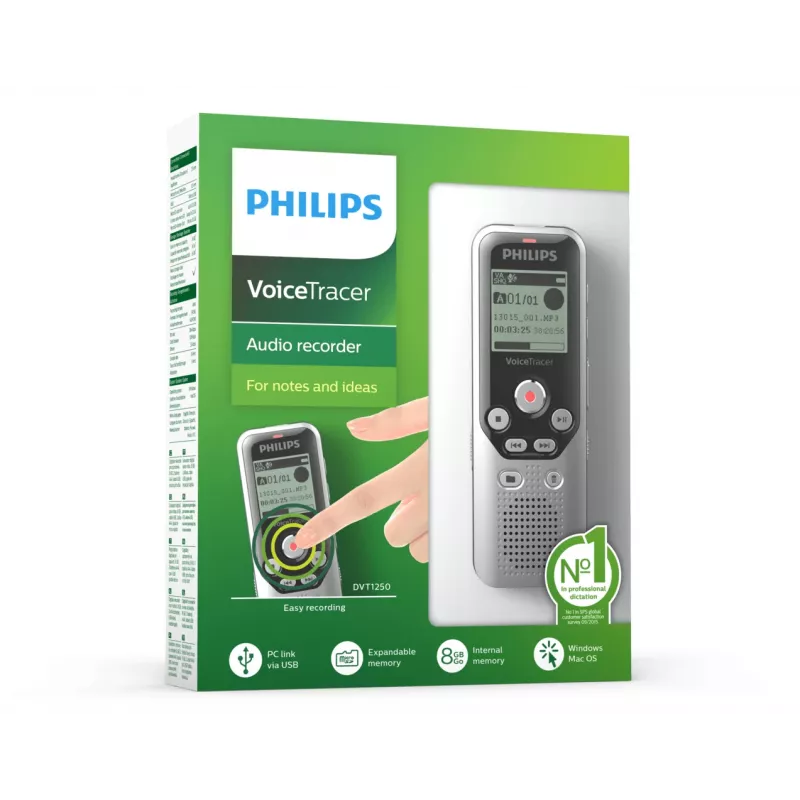 Diktofonas Philips DVT1250 su vidine atmintimi ir „flash“ kortele, juoda, pilka