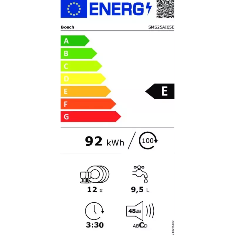Laisvai pastatoma indaplovė Bosch SMS25AI05E — pilno dydžio 60 cm, 12 komplektų, 48 dB, energijos klasė E