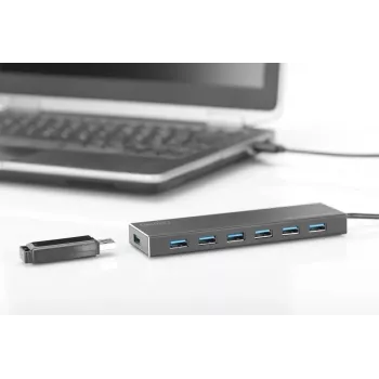 DIGITUS USB 3.0 Hub, 7 prievadų, su 5V/3,5A maitinimo šaltiniu, aliuminio korpusas