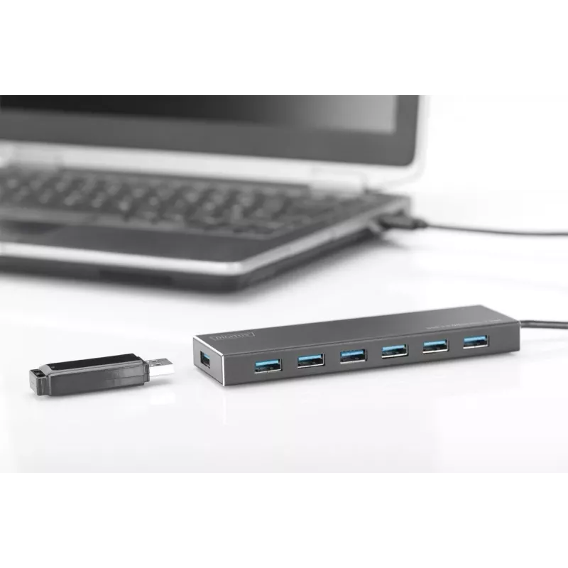 DIGITUS USB 3.0 Hub, 7 prievadų, su 5V/3,5A maitinimo šaltiniu, aliuminio korpusas
