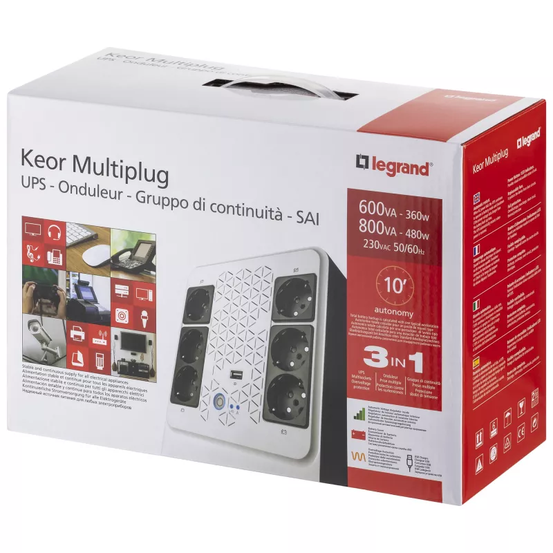 Legrand Keor ASI MULTIPLUG 600 FR nepertraukiamo maitinimo šaltinis (UPS), Line-Interactive, 0,6 kVA, 360 W, 6 AC lizdai