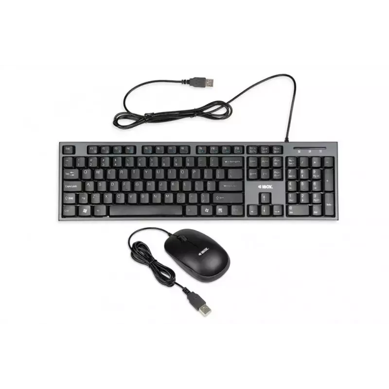 Laidinės klaviatūros ir pelės rinkinys IBOX IKMS606 — pilno dydžio QWERTY UK anglų klaviatūra, USB, juoda, pelė 800 DPI