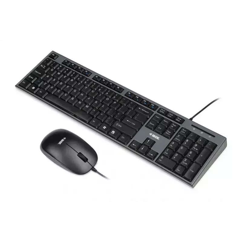 Laidinės klaviatūros ir pelės rinkinys IBOX IKMS606 — pilno dydžio QWERTY UK anglų klaviatūra, USB, juoda, pelė 800 DPI