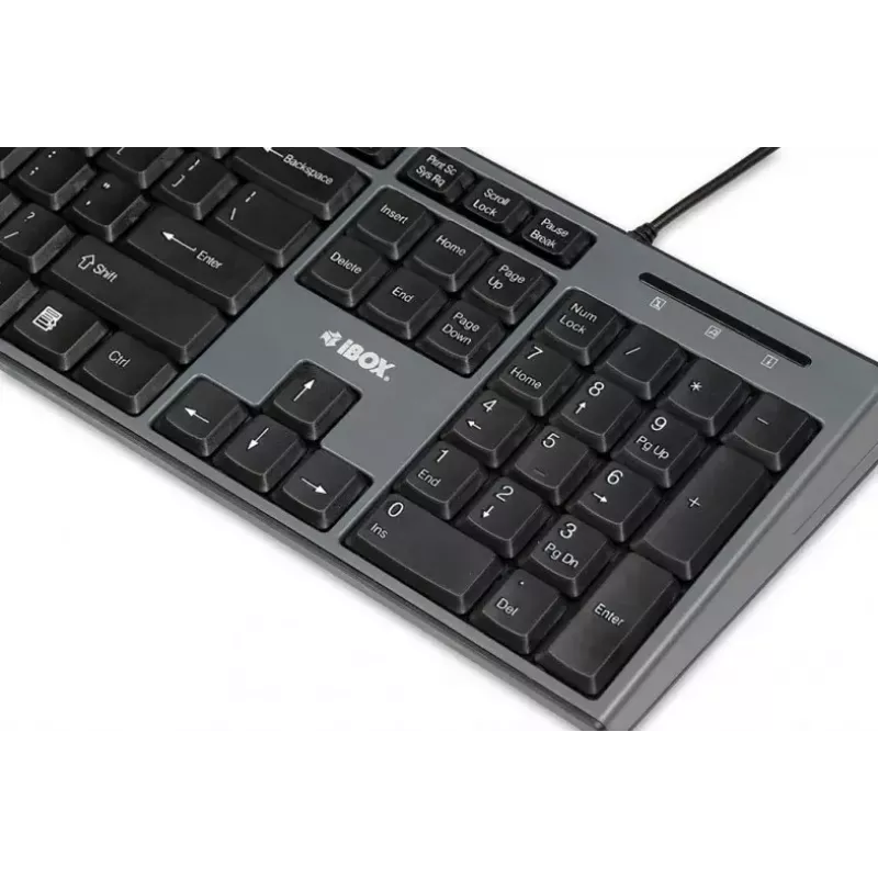 Laidinės klaviatūros ir pelės rinkinys IBOX IKMS606 — pilno dydžio QWERTY UK anglų klaviatūra, USB, juoda, pelė 800 DPI