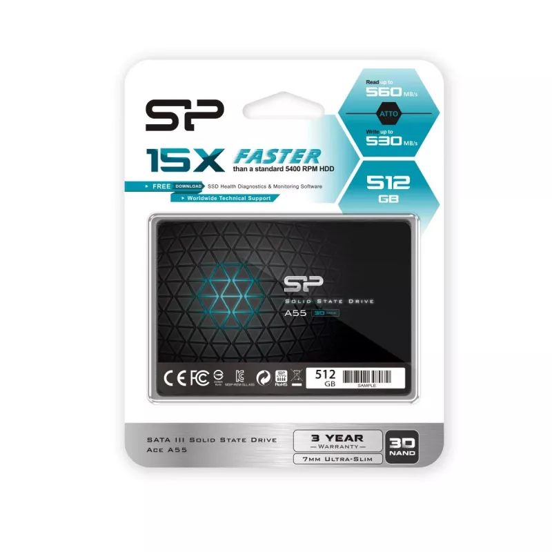 2.5 colio SATA III SSD Silicon Power Ace A55 — 512 GB, 3D TLC, iki 560/530 MB/s, 7 mm, juoda
