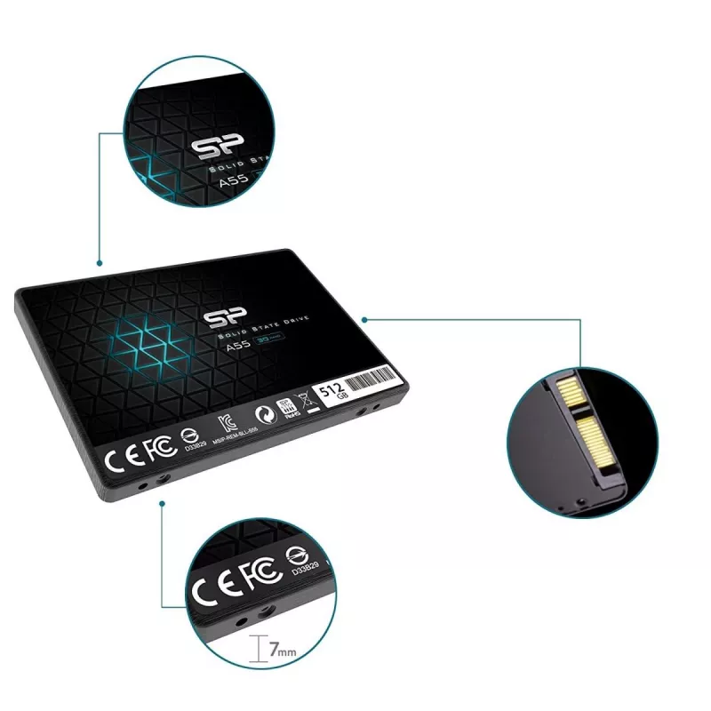 2.5 colio SATA III SSD Silicon Power Ace A55 — 512 GB, 3D TLC, iki 560/530 MB/s, 7 mm, juoda